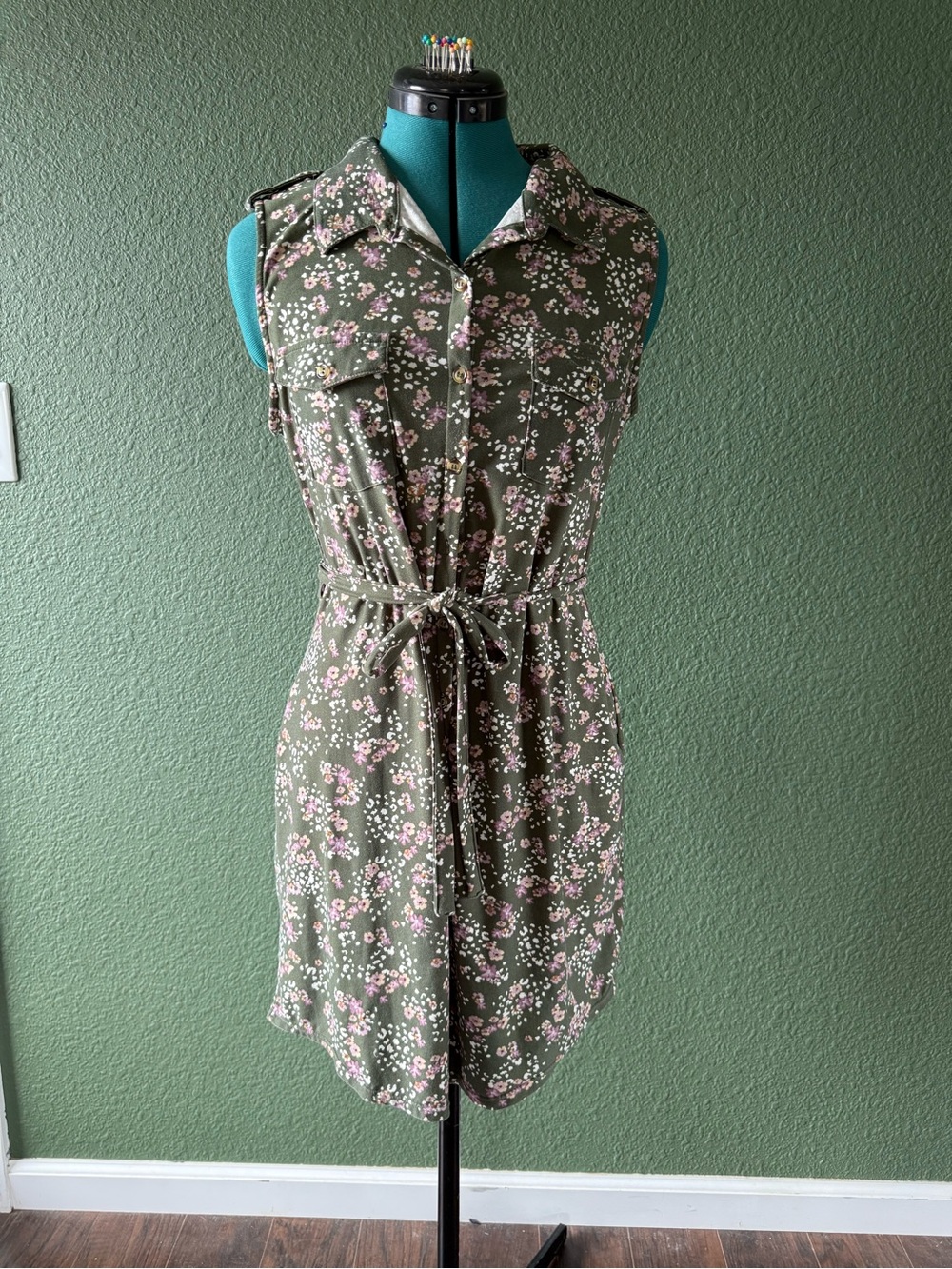 Sleeveless Olive Floral Shirt Dress with Tie Waist